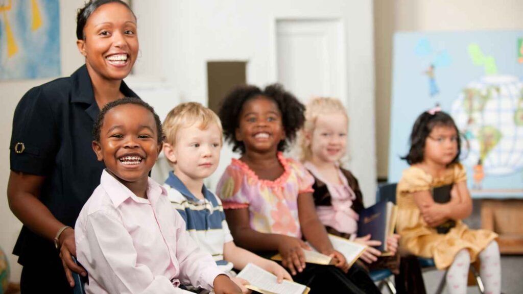 Kids and Teacher Smiling After Reading Bibble at Church Daycare