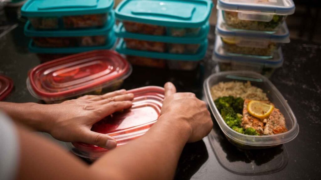 Hands Storing Meal Prep in the Plastic Container